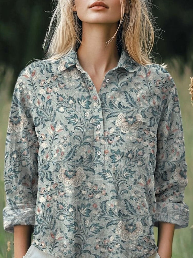 Retro Spring Floral Pattern Printed Women's Casual Cotton And Linen Shirt