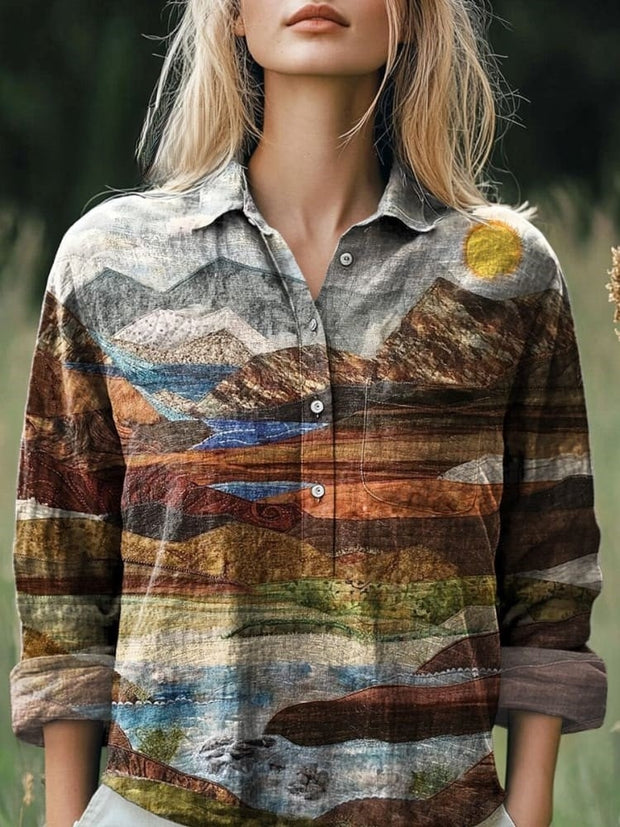 Earth Color Landscape Patchwork Art Printed Women's Casual Cotton And Linen Shirt