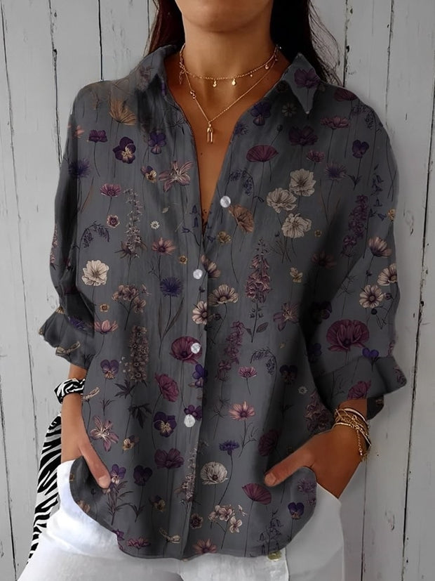 Gentle And Elegant Flowers Printed Three-Quarter Sleeves Cotton And Linen Shirt