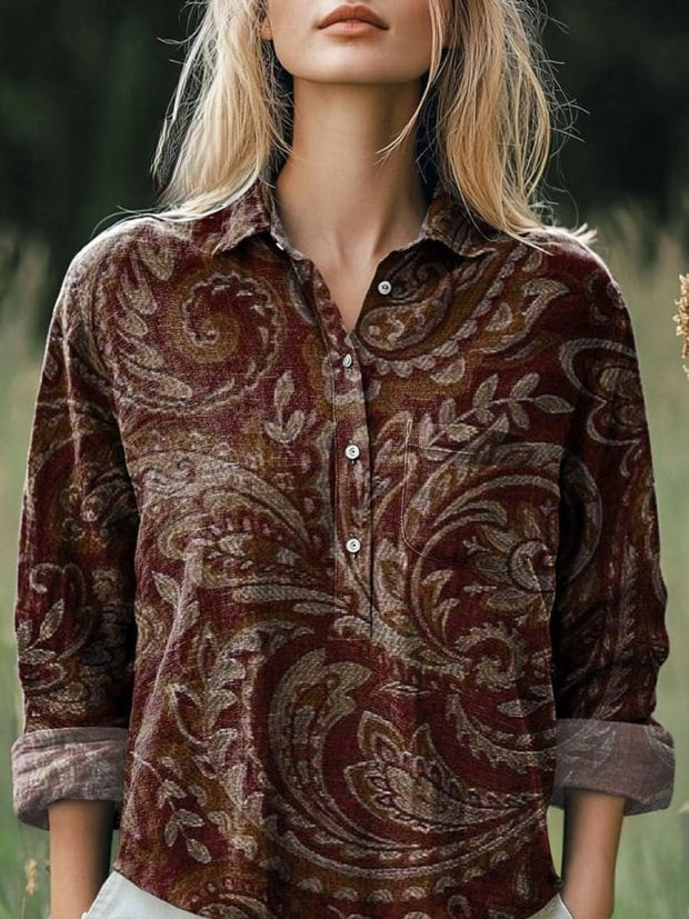 Ethnic Style Floral Pattern Printed Women's Casual Cotton And Linen Shirt