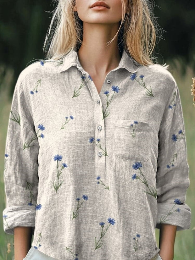 Simple Spring Floral Pattern Printed Women's Casual Cotton And Linen Shirt