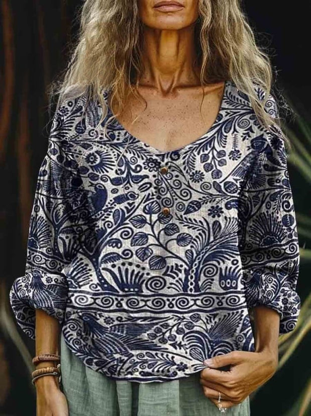 Women's V-neck Retro Ethnic Print Casual Long Sleeve Loose Comfortable Cotton Shirt