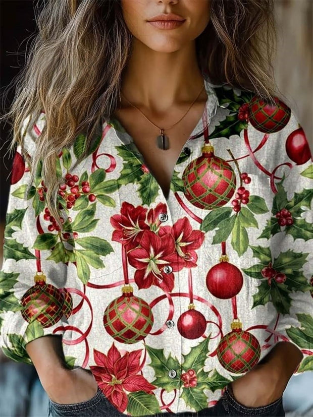 Women's Christmas Vintage Mistletoe Ribbons Ornaments Print Casual Long Sleeve Comfortable Cotton Shirt