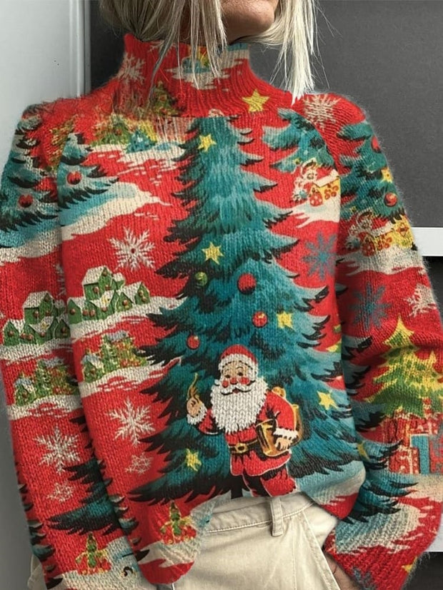 Vintage Christmas Print Knit Turtleneck Pullover Sweater