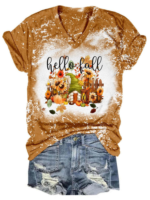 Hello Fall Gnome Tie Dye V Neck T-Shirt