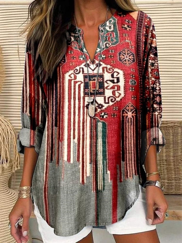 Women's Print Casual Linen V-neck Shirt