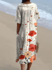 Casual Simple Elegant Floral Printed Women's Casual Cotton And Linen Dress