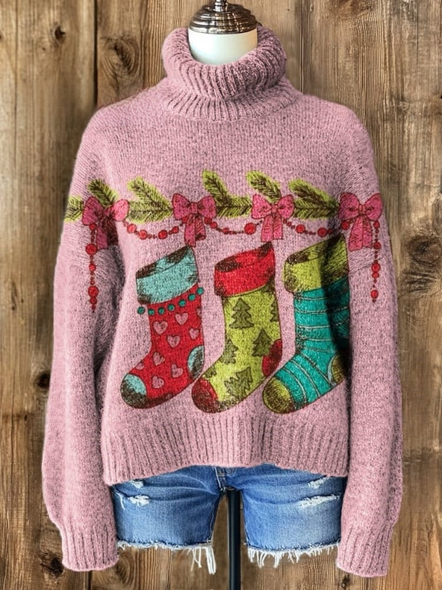 Christmas Pattern Art Print Knit Turtleneck Pullover Sweater