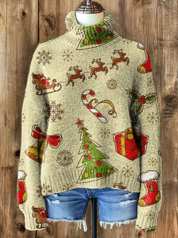 Christmas Pattern Art Print Knit Turtleneck Pullover Sweater