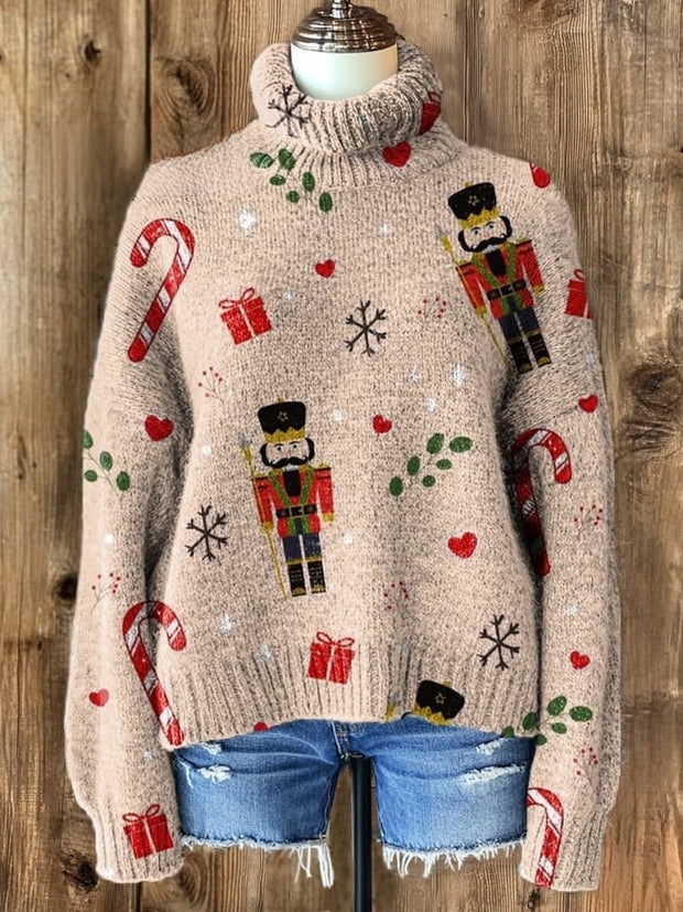 Christmas Pattern Art Print Knit Turtleneck Pullover Sweater