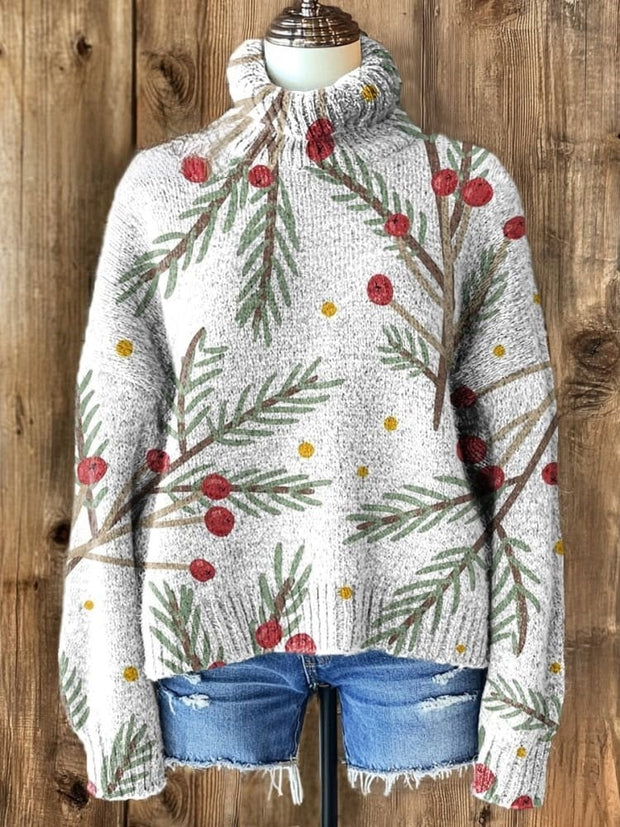 Merry Christmas Fruit Art Print Knit Turtleneck Pullover Sweater