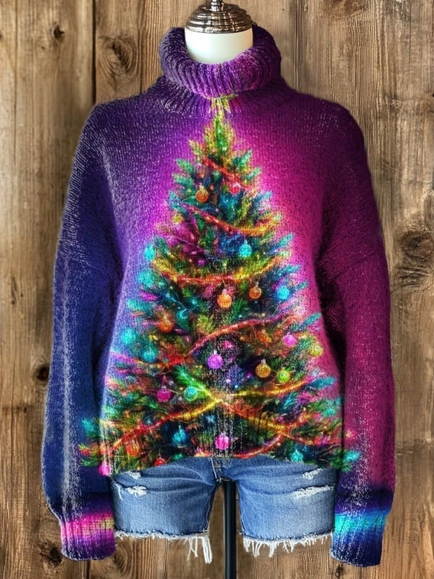 Glowing Christmas Tree Art Print Knit Turtleneck Pullover Sweater