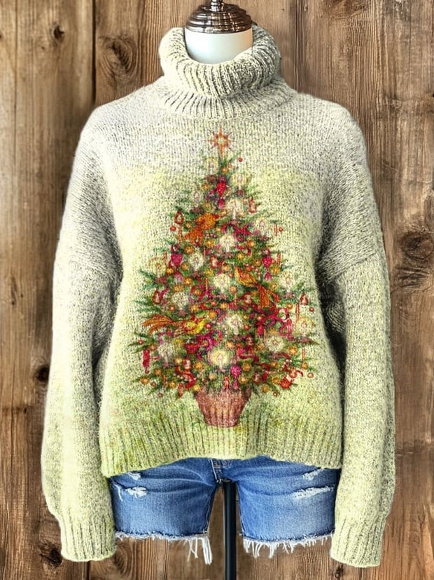 Vintage Christmas Tree Art Print Knit Turtleneck Pullover Sweater