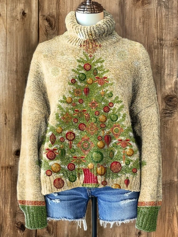 Vintage Christmas Tree Art Print Knit Turtleneck Pullover Sweater