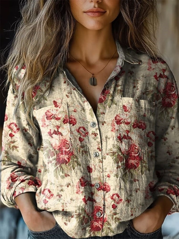 Flowers Print Casual Long Sleeve Comfortable Cotton Shirt