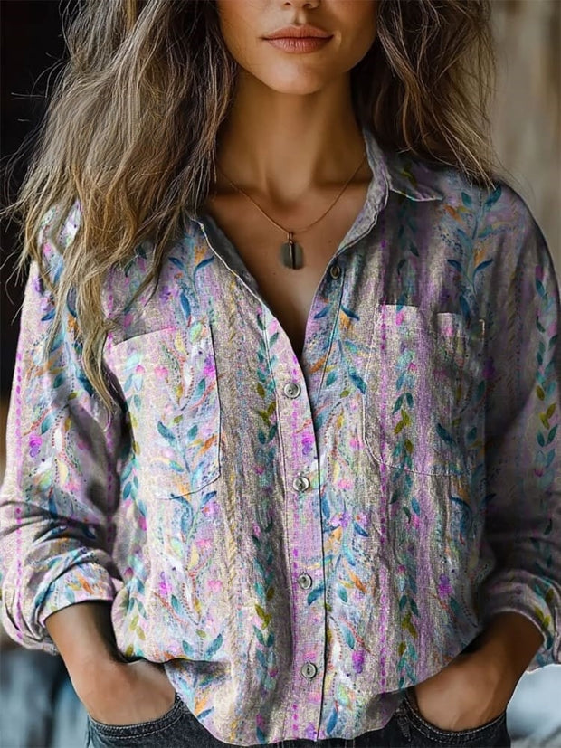 Women's Floral Art Print Casual Long Sleeve Comfortable Cotton Shirt