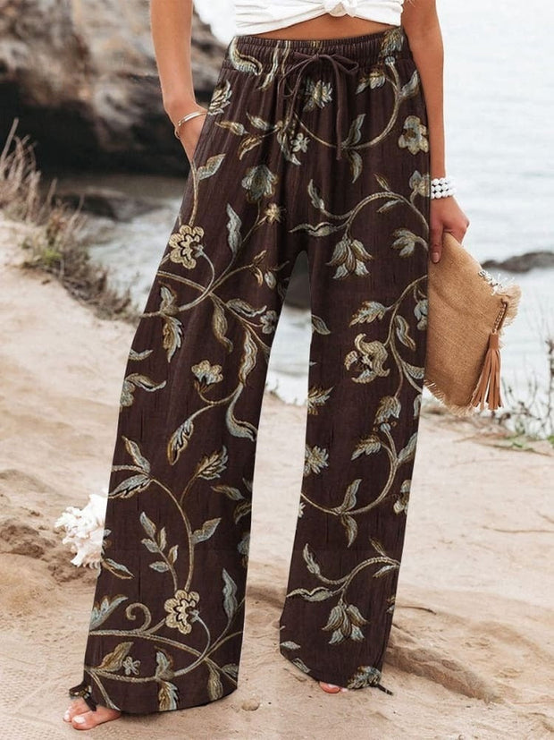 Abstract Floral Garden Printed Women's Cotton And Linen Casual Pants