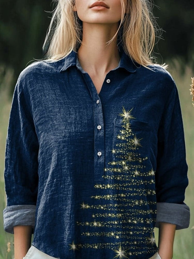 Glittering Christmas Tree Art Printed Women's Casual Cotton And Linen Shirt