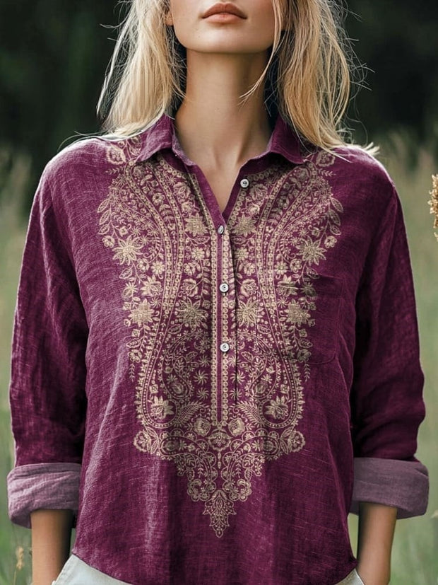 Ethnic Style Floral Pattern Printed Women's Casual Cotton And Linen Shirt