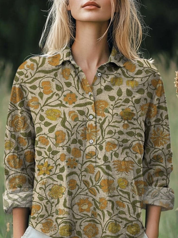 Vintage Style Floral And Vine Pattern Printed Women's Casual Cotton And Linen Shirt