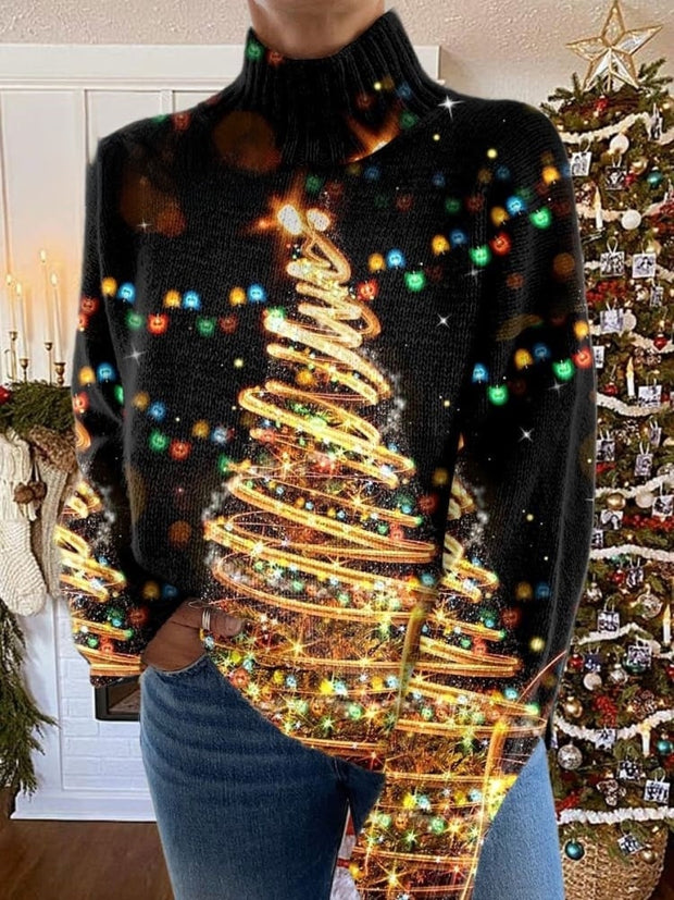 Glitter Christmas Print Knit Turtleneck Pullover Sweater