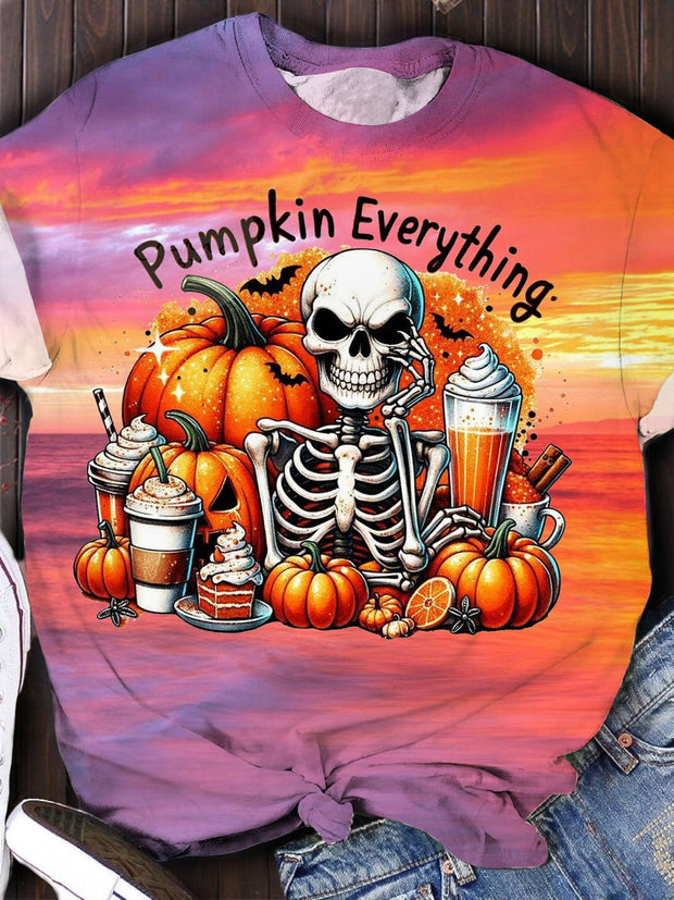 Women's Pumpkin Skull Halloween Print Crew Neck T-Shirt