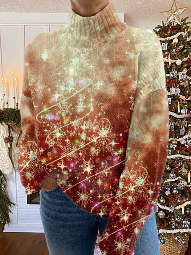 Glitter Christmas Print Knit Turtleneck Pullover Sweater