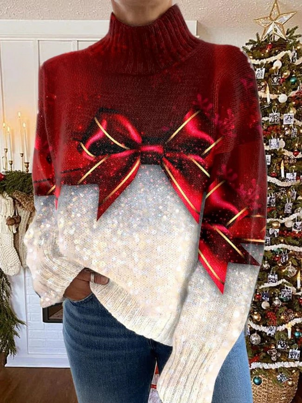 Glitter Bow Tie Christmas Print Knit Turtleneck Pullover Sweater