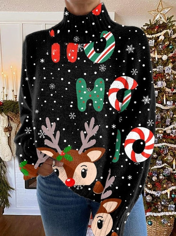 Glitter Christmas Print Knit Turtleneck Pullover Sweater