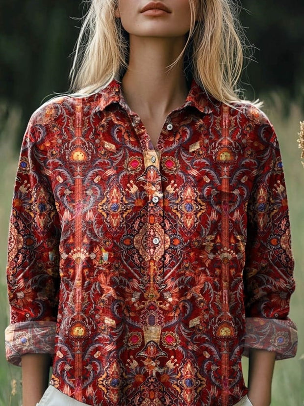 Women's Vintage Lovely Floral Art Print Casual Cotton And Linen Shirt