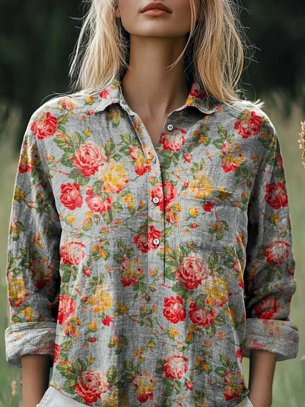 Women's Vintage Lovely Floral Art Print Casual Cotton And Linen Shirt