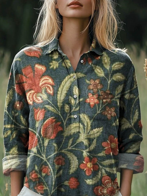 Women's Vintage Lovely Floral Art Print Casual Cotton And Linen Shirt