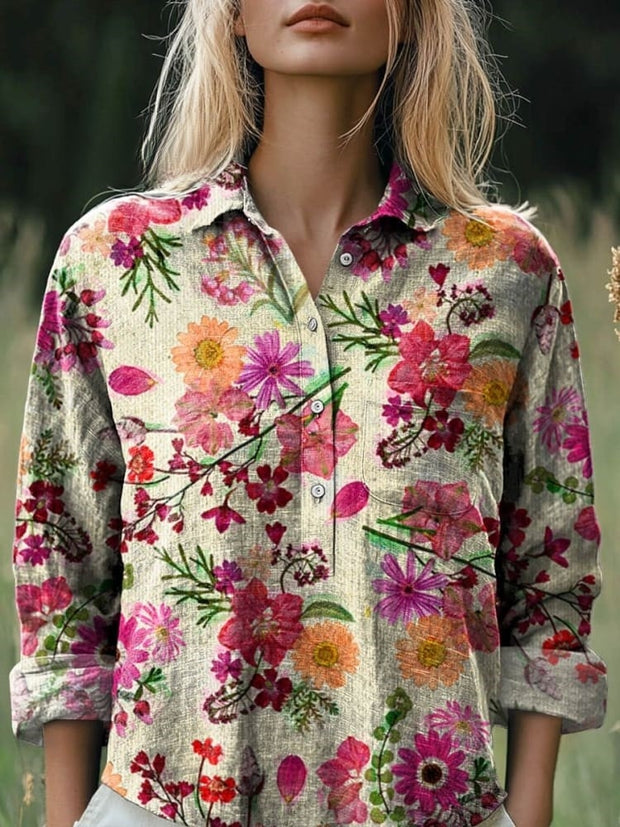 Women's Vintage Lovely Floral Art Print Casual Cotton And Linen Shirt