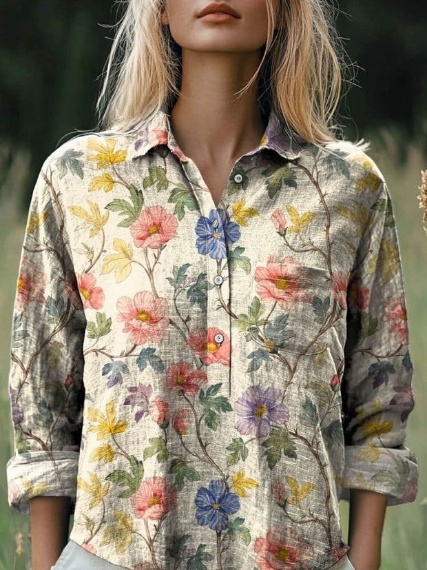 Women's Vintage Lovely Floral Art Print Casual Cotton And Linen Shirt