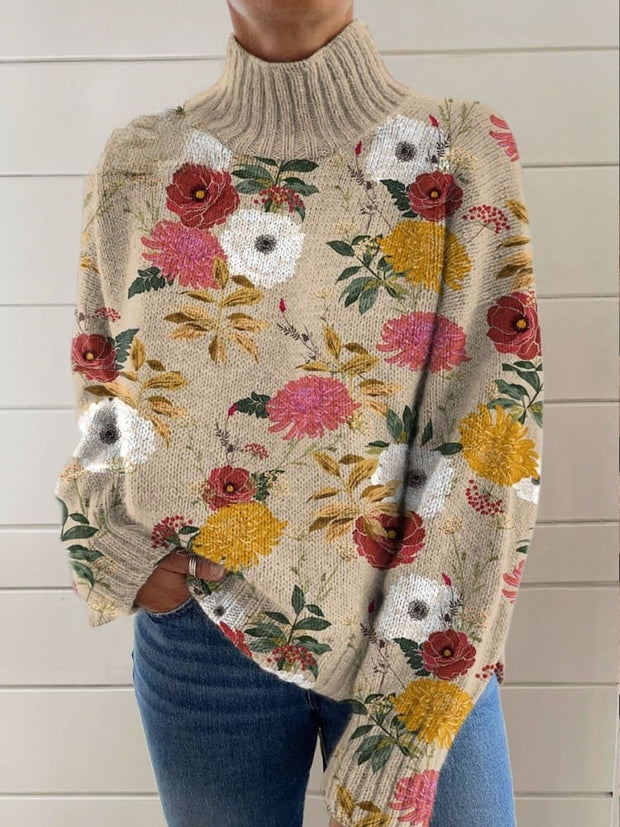 Women's Vintage Lovely Floral Art Print Knit Turtleneck Pullover Sweater