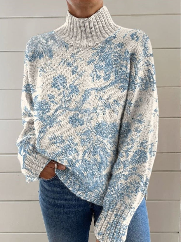 Women's Vintage Lovely Floral Art Print Knit Turtleneck Pullover Sweater