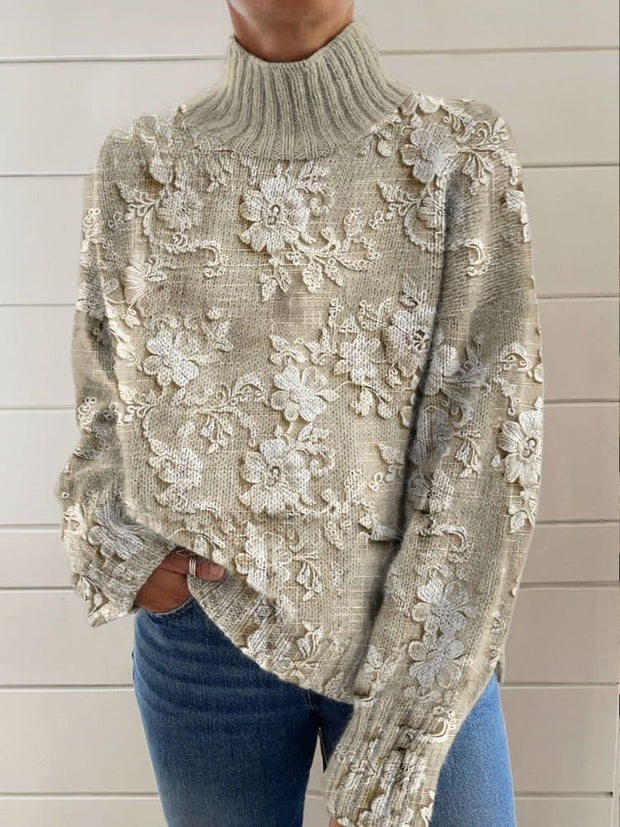 Women's Vintage Lovely Floral Art Print Knit Turtleneck Pullover Sweater