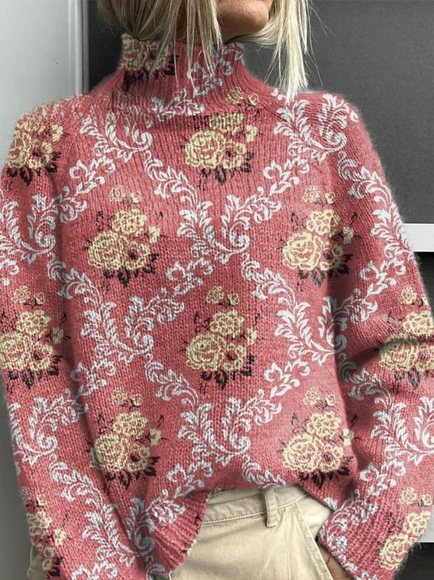 Women's Vintage Lovely Flowers Art Print Knit Turtleneck Pullover Sweater