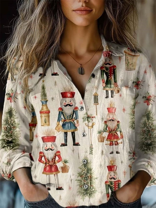 Women's Christmas Tree Mistletoe Nutcracker Vintage Print Casual Long Sleeve Comfortable Cotton Shirt