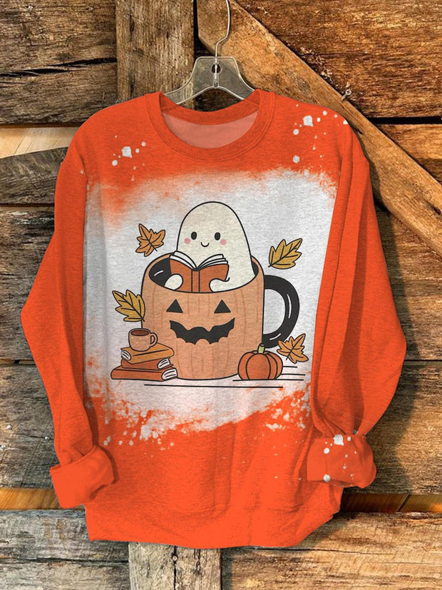 Bookish Ghost Pumpkin Printed Long Sleeve Casual Top