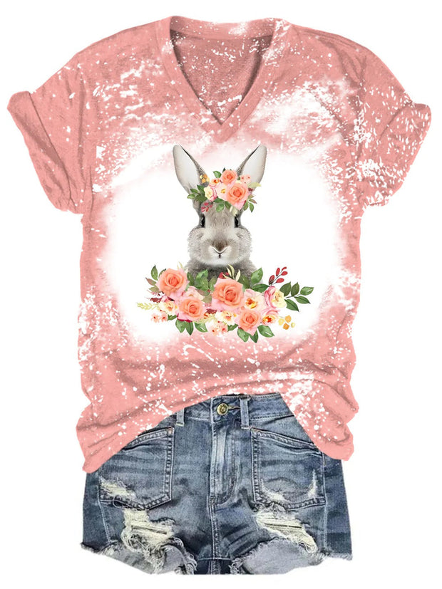 Easter Flower Bunny Bleaching V Neck T-shirt