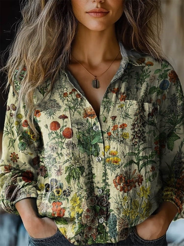 Women's Vintage Ethnic Flower Print Casual Long Sleeve Comfortable Cotton Shirt