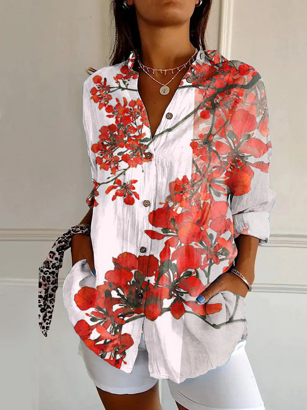 Japanese Classic Flowers Print Casual Long-sleeved Shirt