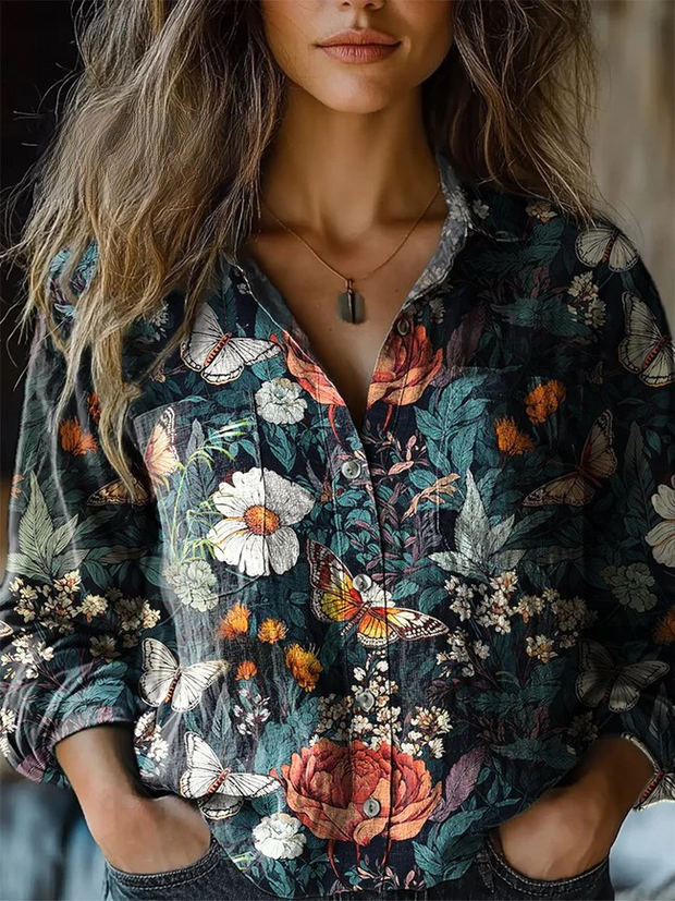 Butterfly Floral Art Print Casual Long Sleeve Cotton Shirt