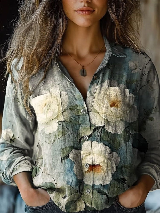 Floral Art Print Casual Long Sleeve Cotton Shirt