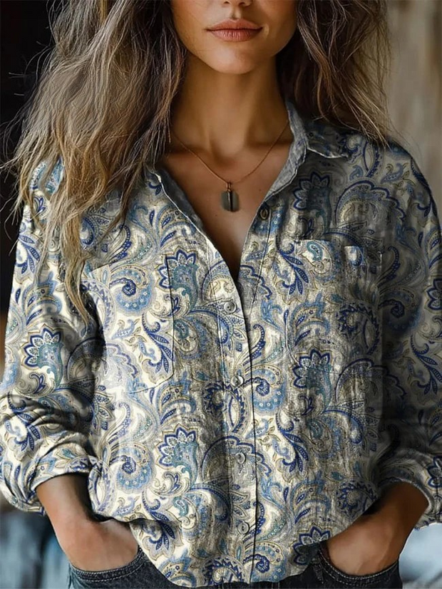 Vintage Floral Pattern Printed Women's Casual Long Sleeve Comfortable Cotton Shirt