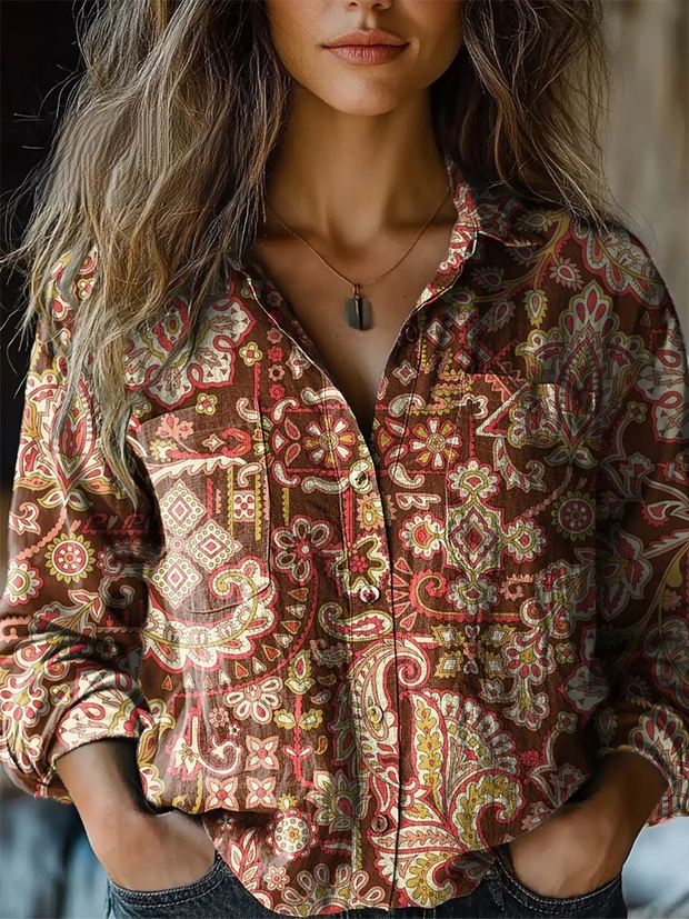 Women's Vintage Ethnic Flower Print Casual Long Sleeve Comfortable Cotton Shirt