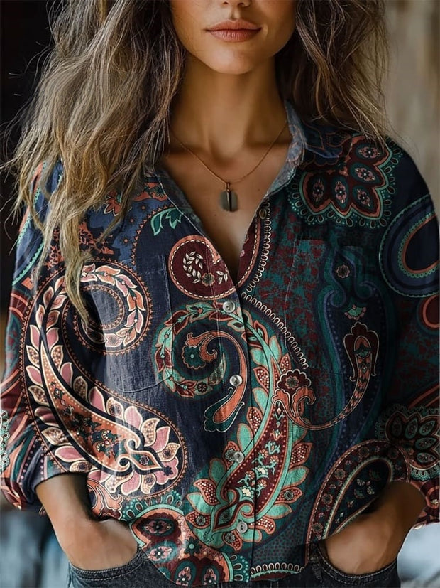 Women's Paisley Colorful Art Print Casual Long Sleeve Comfortable Cotton Shirt