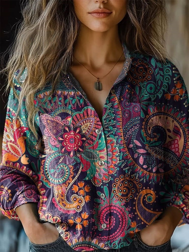 Women's Paisley Colorful Art Print Casual Long Sleeve Comfortable Cotton Shirt