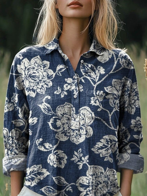 Women's Vintage Lovely Floral Art Print Casual Cotton And Linen Shirt